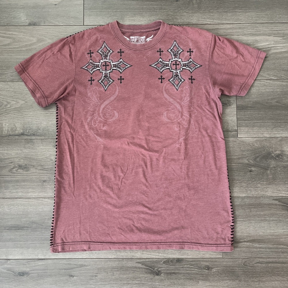 Raw State Premium Mens XL Y2K T Shirt Rose Red Cross Wings Short Sleeve